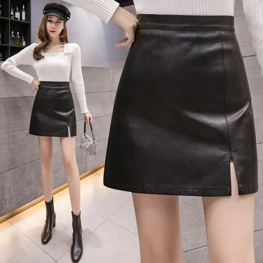 PU Leather Skirt Skirt Women's High Waist A- line Skirt 2020 Autumn Woman Skirts Mujer Faldas Saias Mulher